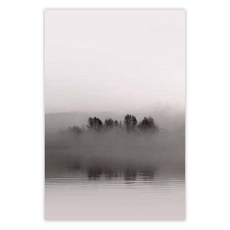 Island of Mists - black and white lakeside landscape with mist-covered island