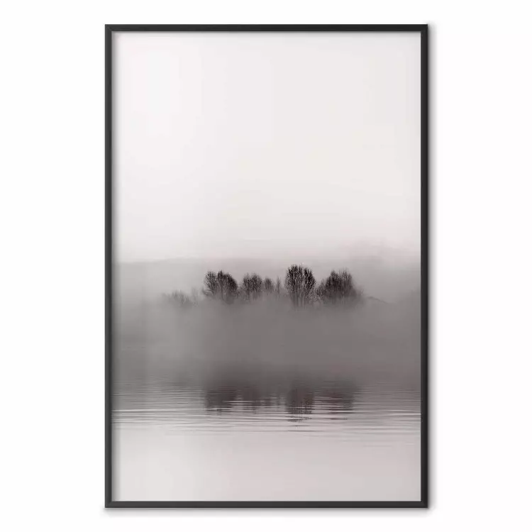 Island of Mists - black and white lakeside landscape with mist-covered island