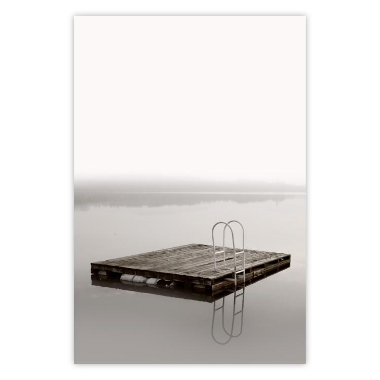 Dive In - board with a ladder in the middle of a lake amidst white glare