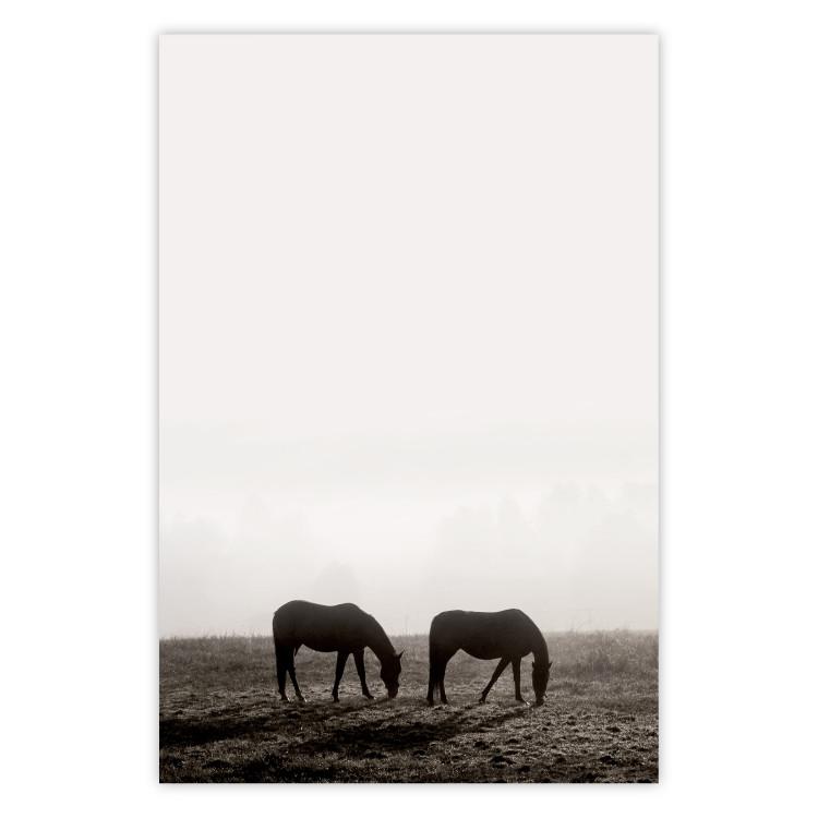 Morning Respite - landscape of horses in a field against bright sky