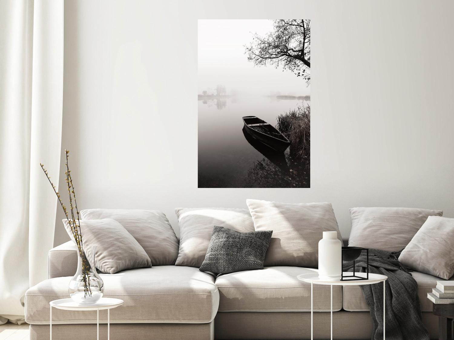 Poster Harbor Under the Tree - black and white misty lake landscape with a boat