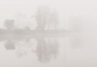 Poster Harbor Under the Tree - black and white misty lake landscape with a boat