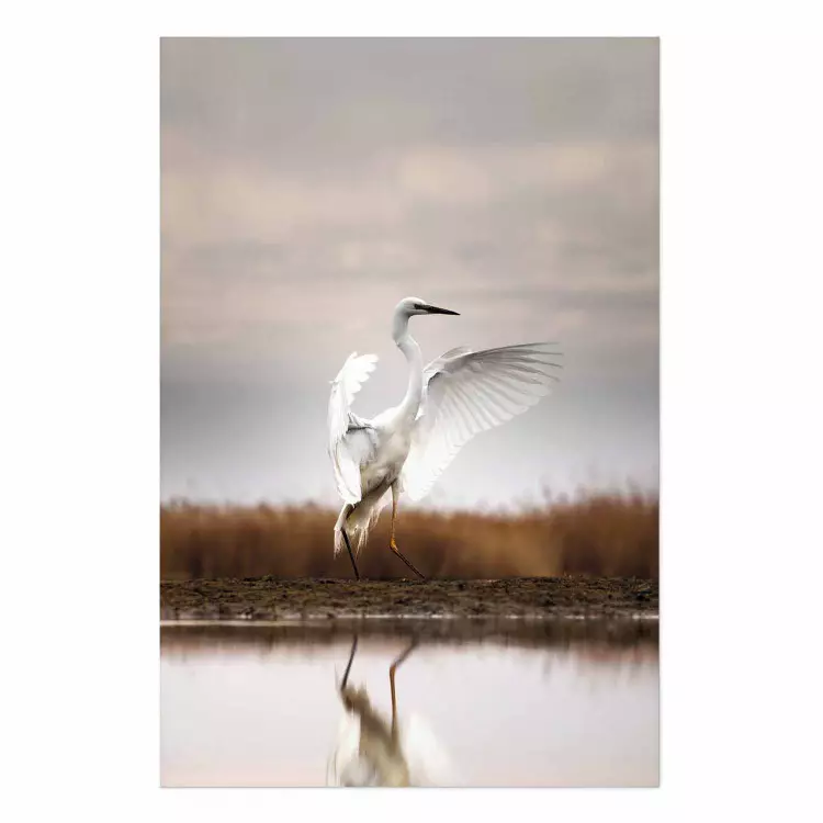 Poster Autumn Over the Lake - landscape of a white bird against a golden field