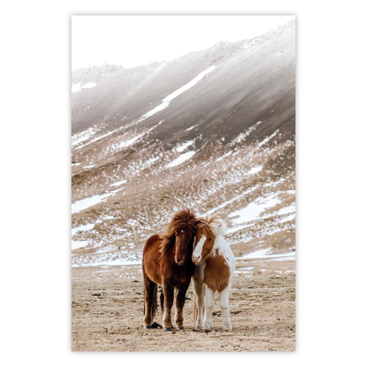 Warm Friendship - autumn landscape of a pair of animals against a mountain backdrop