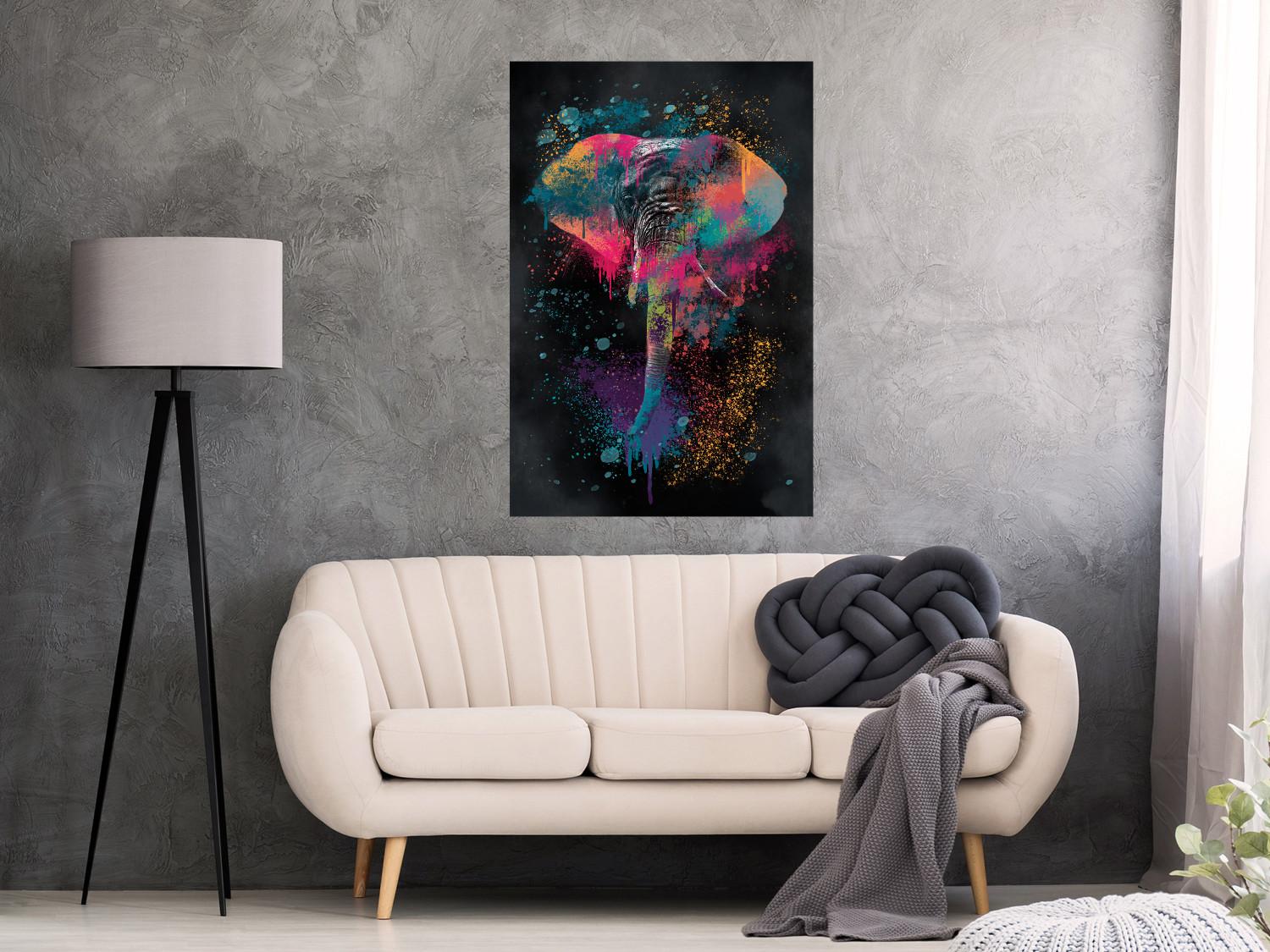 Poster Colorful Safari - multicolored elephant in a watercolor motif on a black background