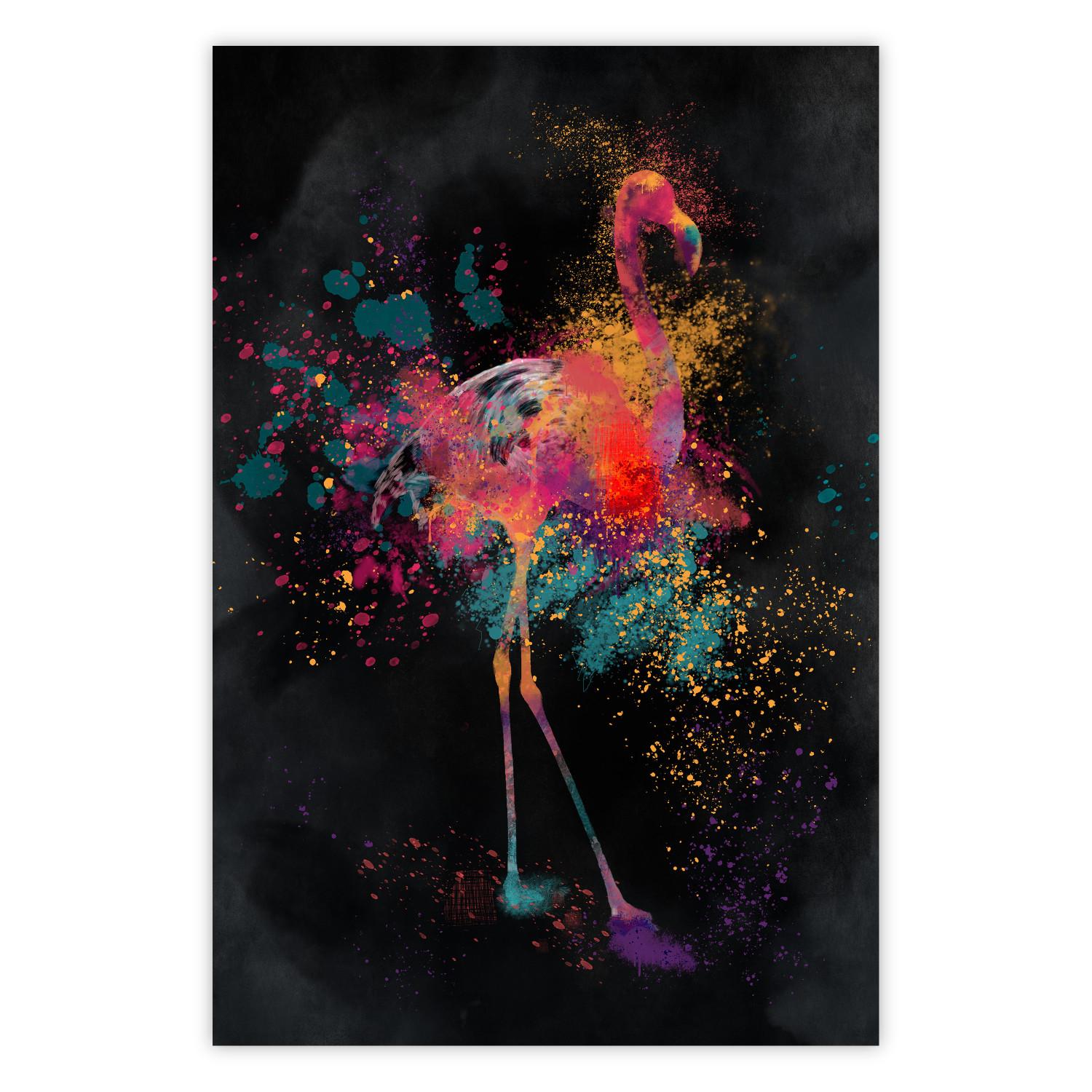 Poster Flamingo Color - abstract multicolored bird in watercolor motif