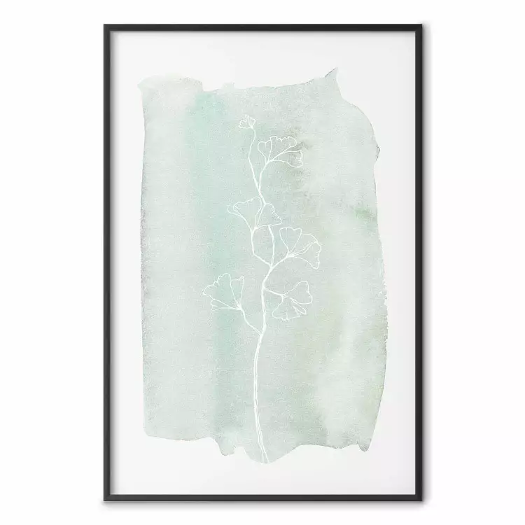 Minty Ginkgo - white line art of a plant with flowers on a mint background