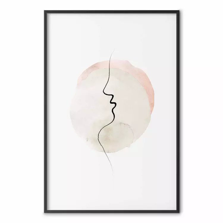 Edge of a Kiss - black line art of a face on a light abstract background