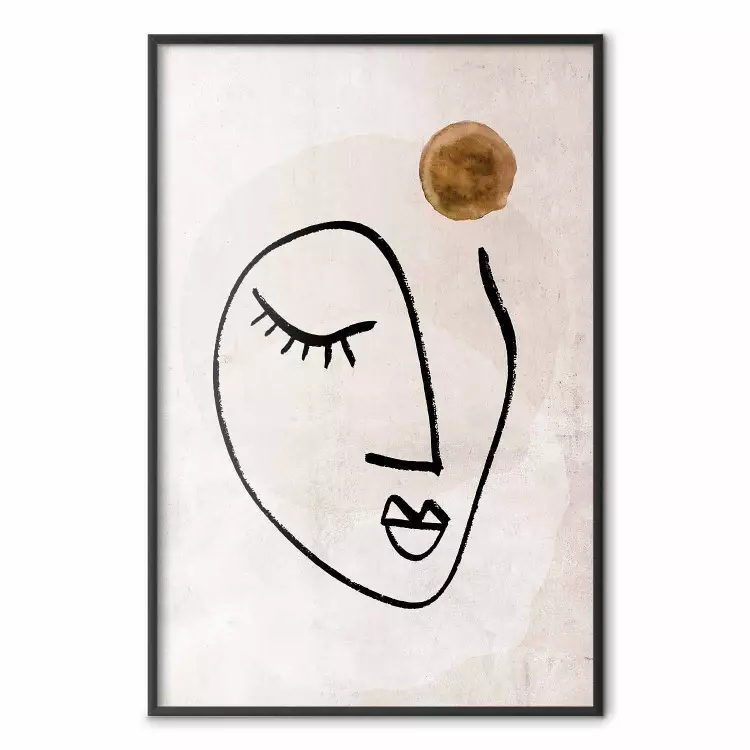 Romantic Thought - abstract black line art of a face on a beige background