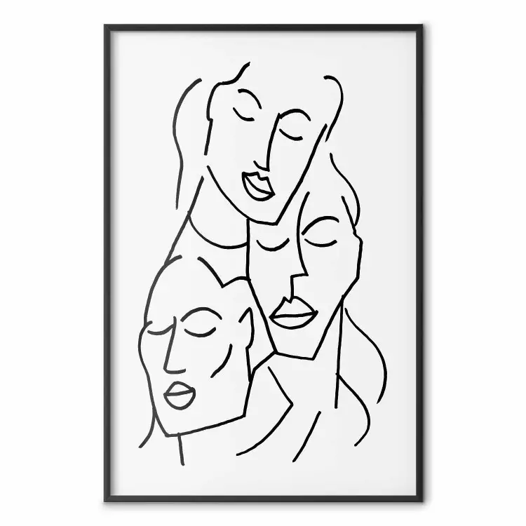 Three Faces - black line art of character faces on a solid gray background