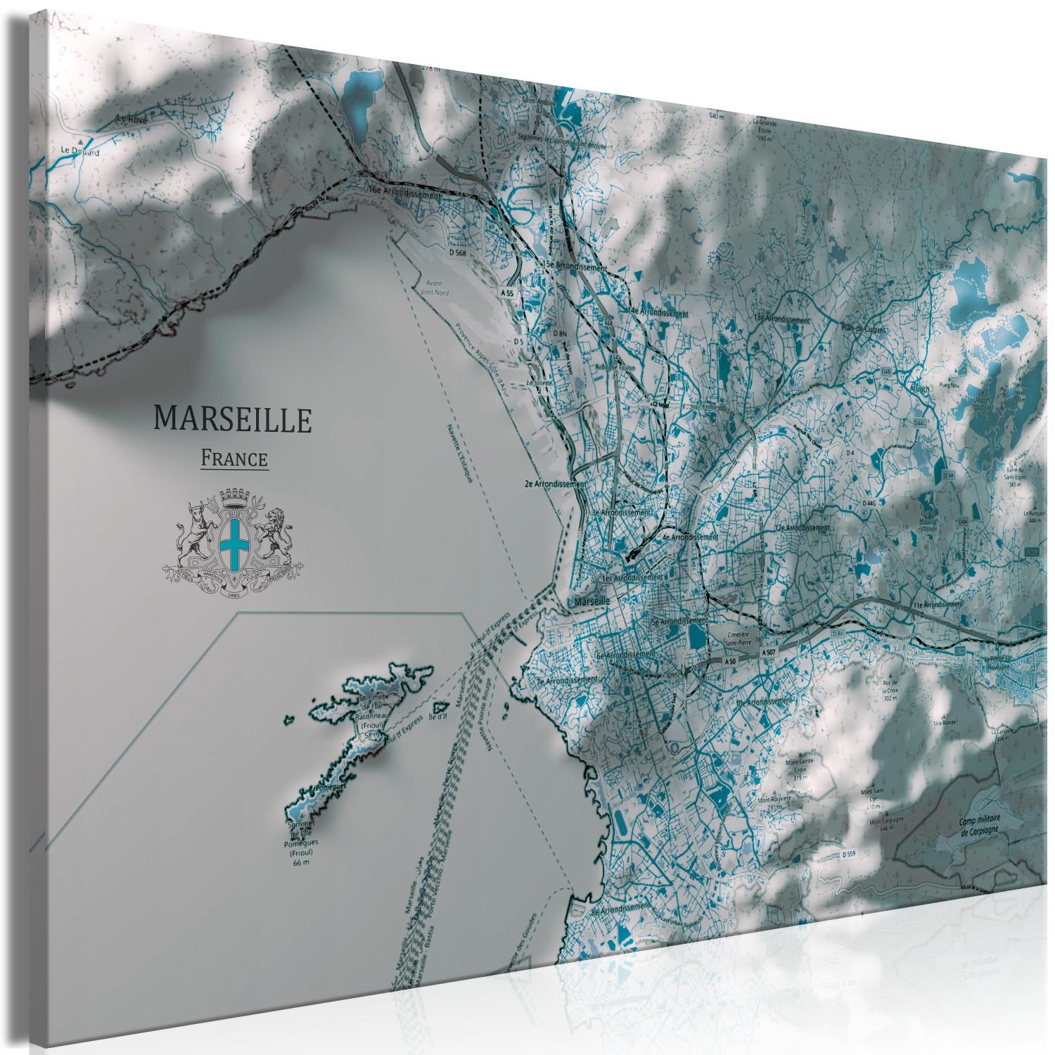 Canvas Map of Marseille - map of the French city with its mountain range