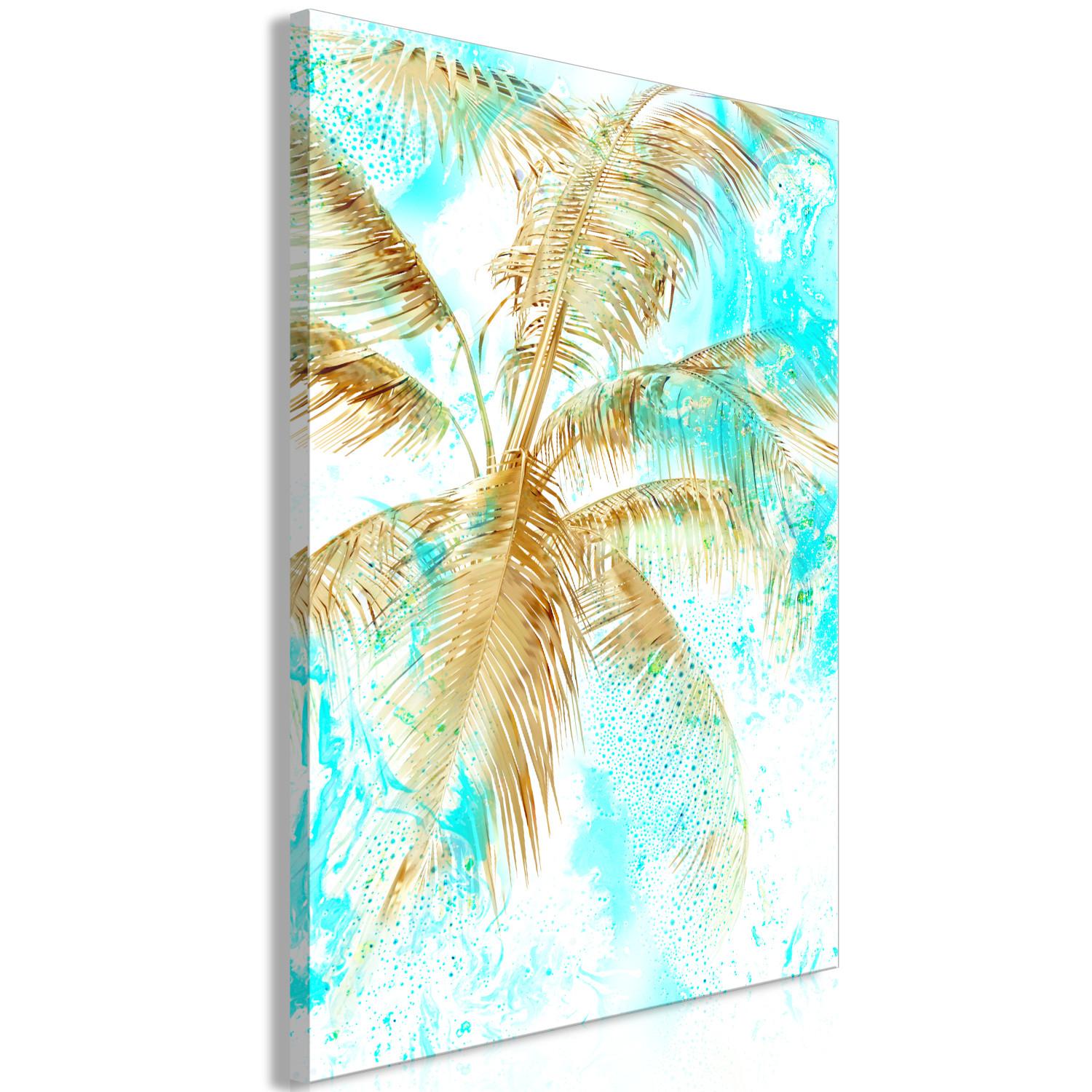 Canvas Golden palm leaves - tropical landscape on a blue background