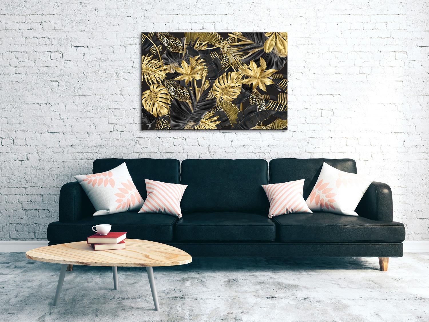 Canvas Golden leaves on black marble - art deco style abstraction