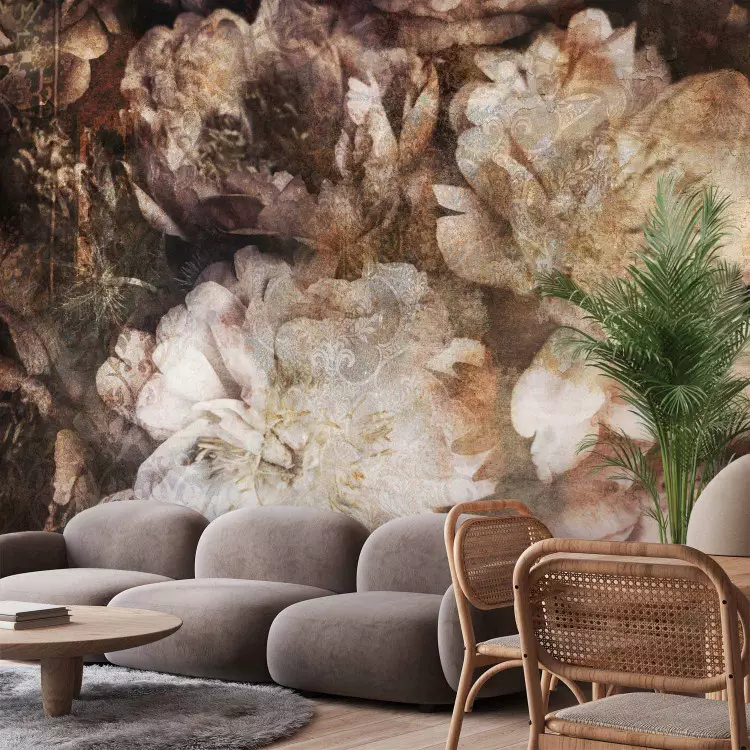 Wall Mural Abstract - nature with flowers in shades of brown and a flash effect