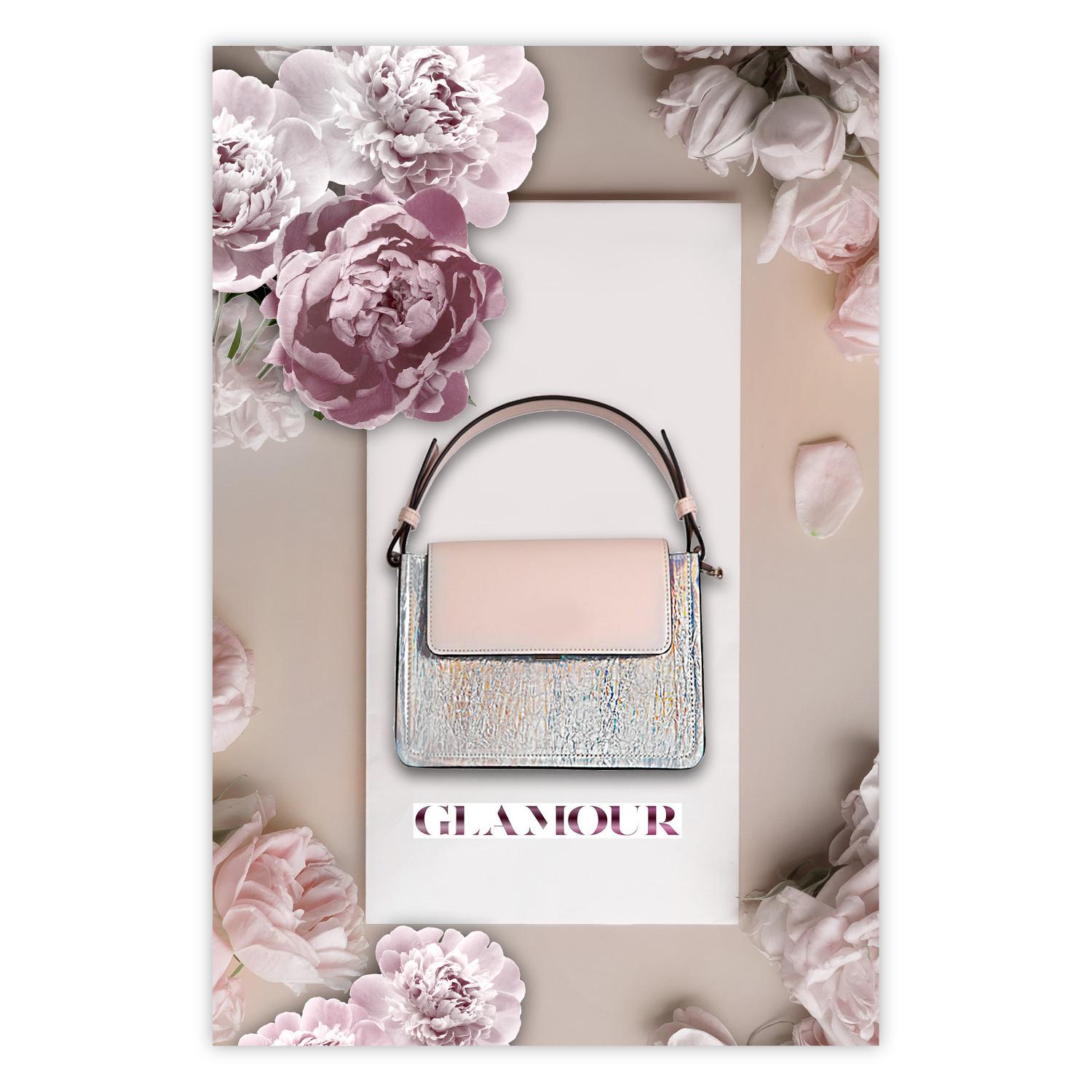 Poster Elegant Handbag - feminine bag on a light background surrounded by flowers