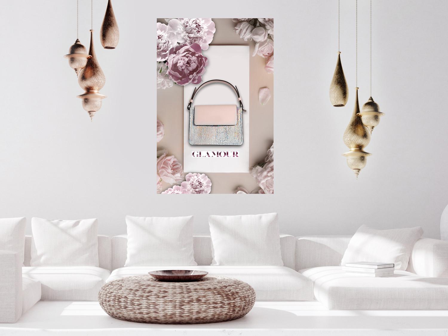 Poster Elegant Handbag - feminine bag on a light background surrounded by flowers