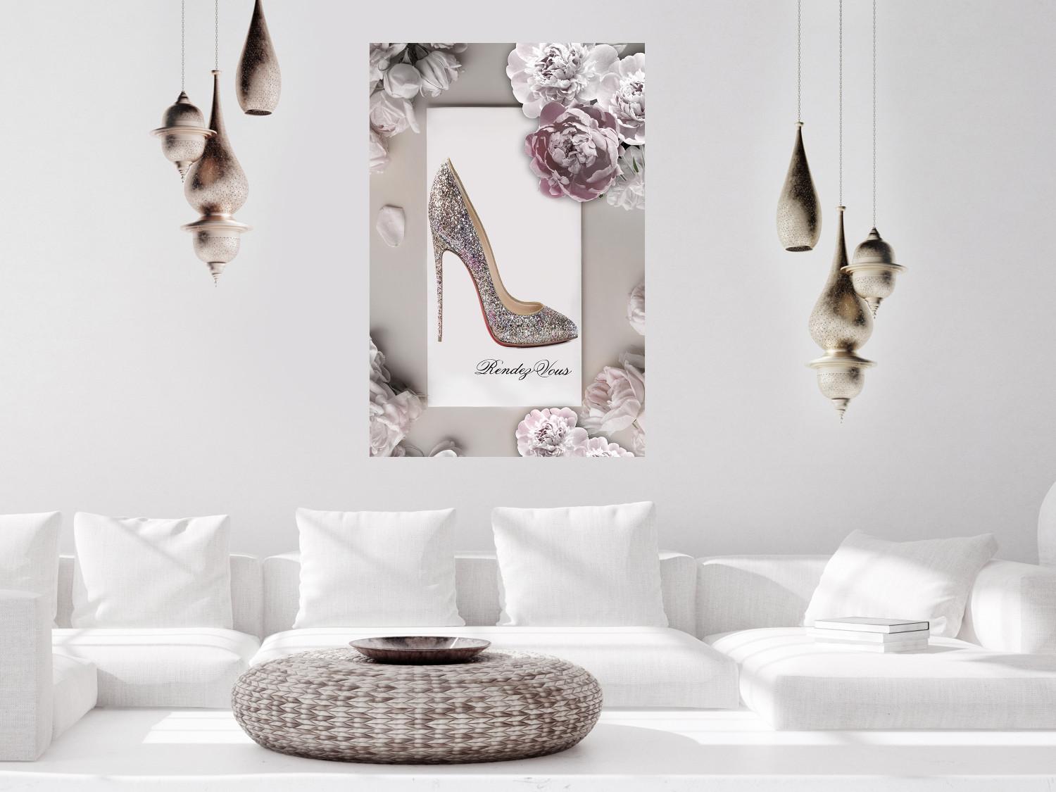 Poster First Date - luxury women's shoe among flowers on a light background