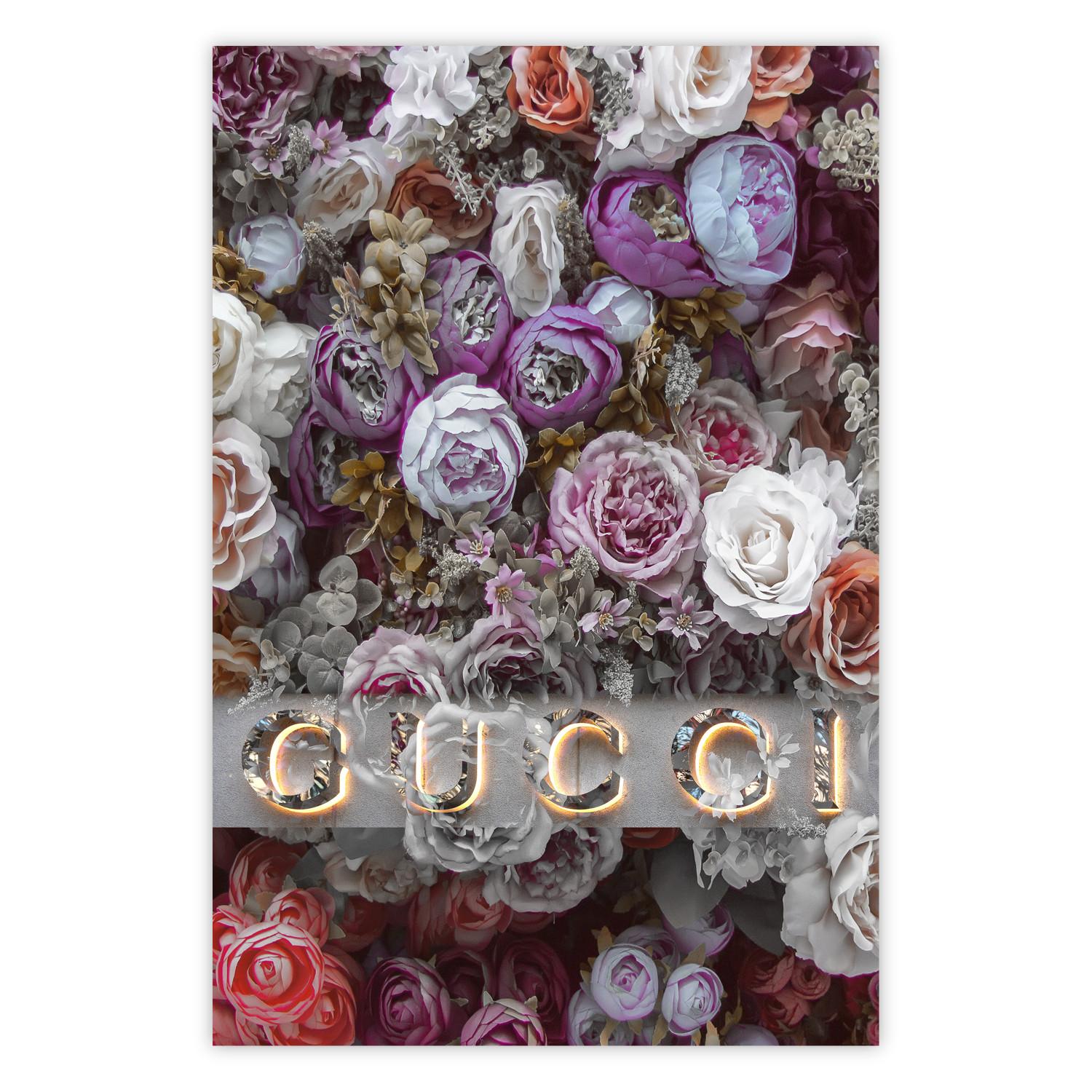Poster Gucci and Roses - composition of colorful flowers and luxury brand name
