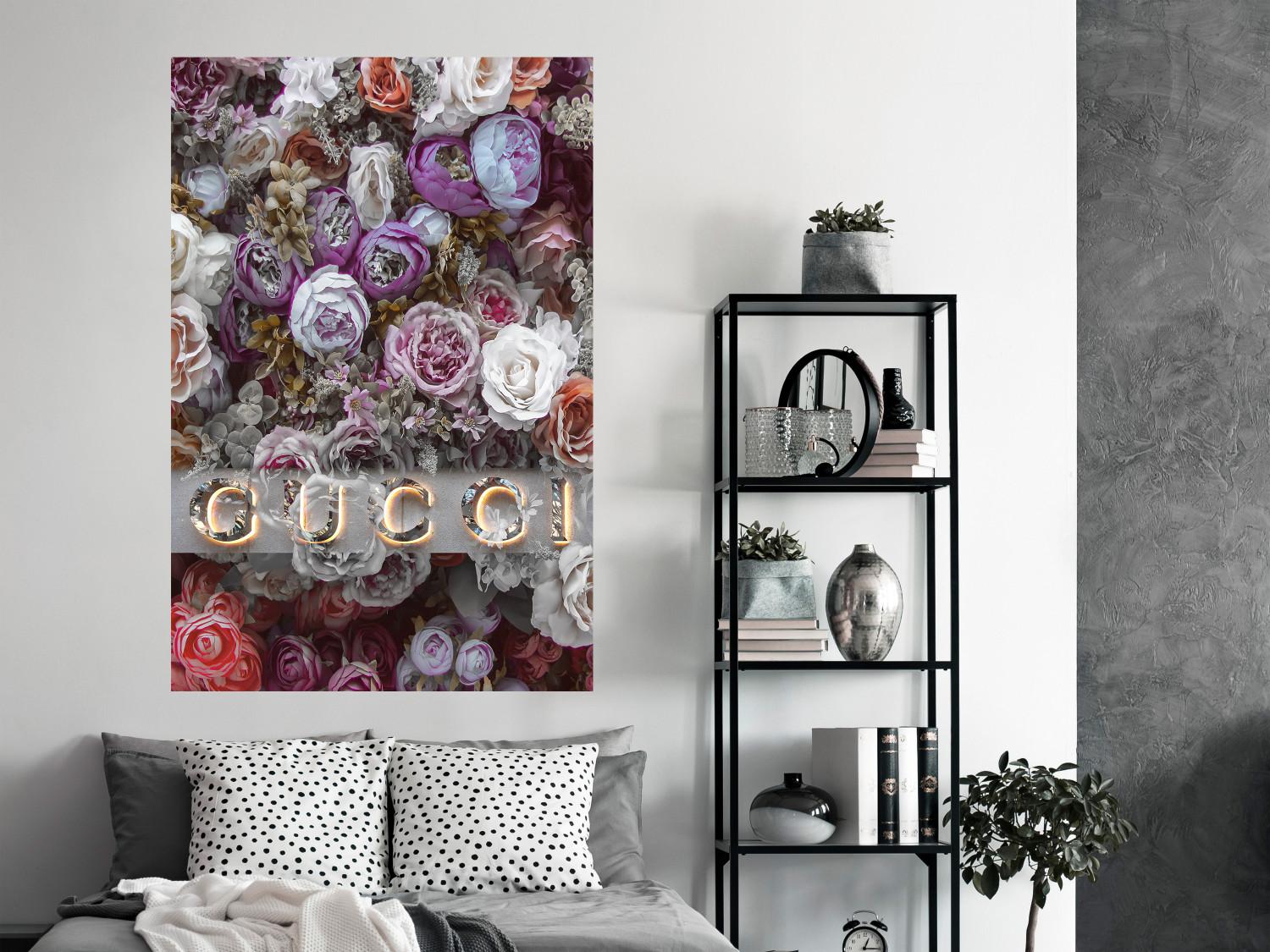 Poster Gucci and Roses - composition of colorful flowers and luxury brand name