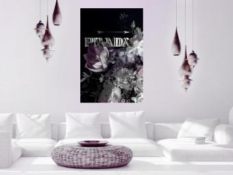 Poster Prada in Flowers - composition of flowers and silver text on a black background