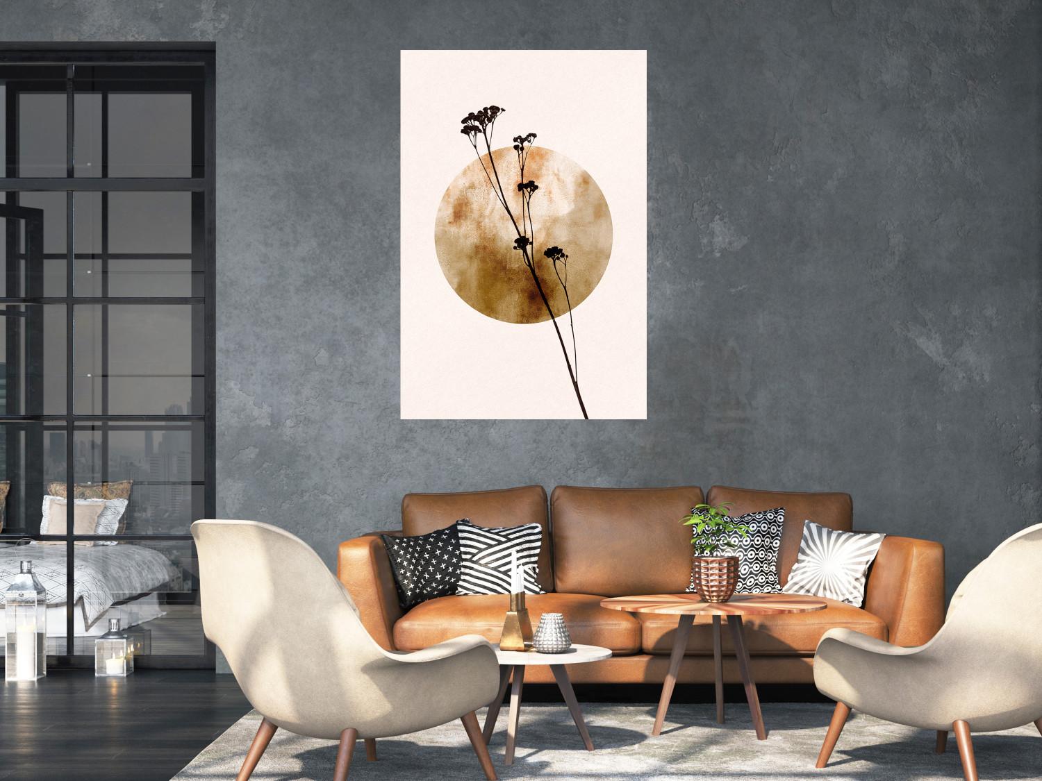 Poster Plant Figure - black plant and large golden circle on a light background