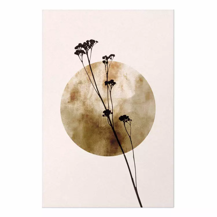 Poster Plant Figure - black plant and large golden circle on a light background