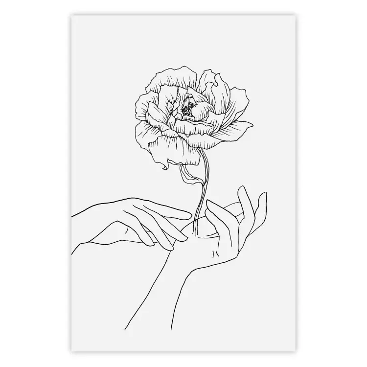 Gentle Touch - black line art of hands and flowers on a solid background