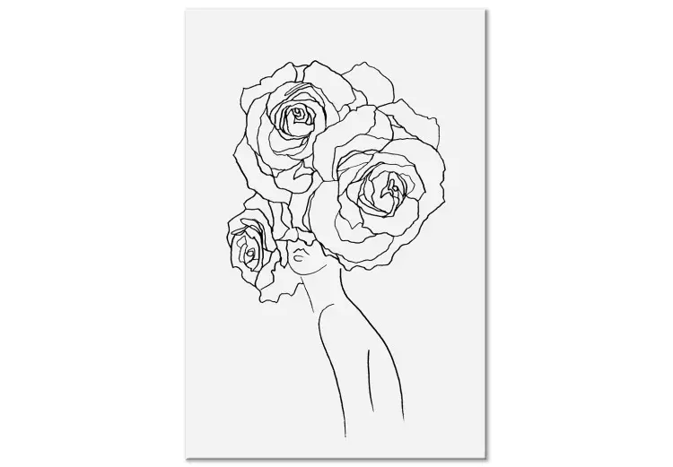 On the head roses - black-white, linear graphic with woman silhouette