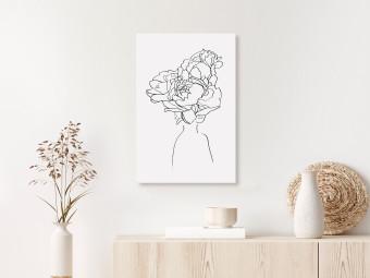 Canvas Flowery face - black and white, linear woman portrait with flower