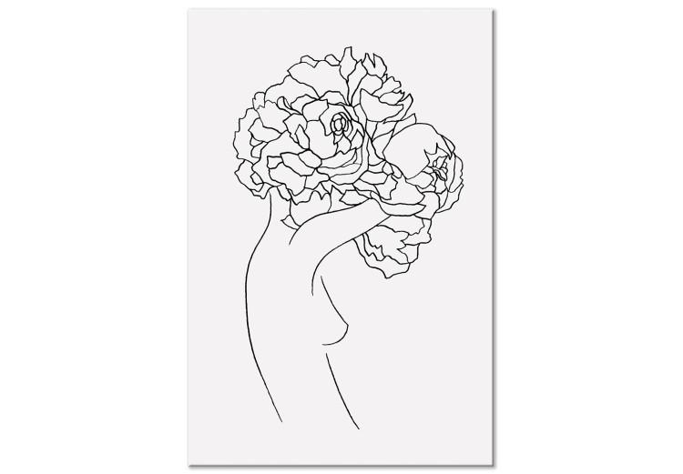 Canvas Print Figure with flower - black-white, linear woman silhouette and flowers