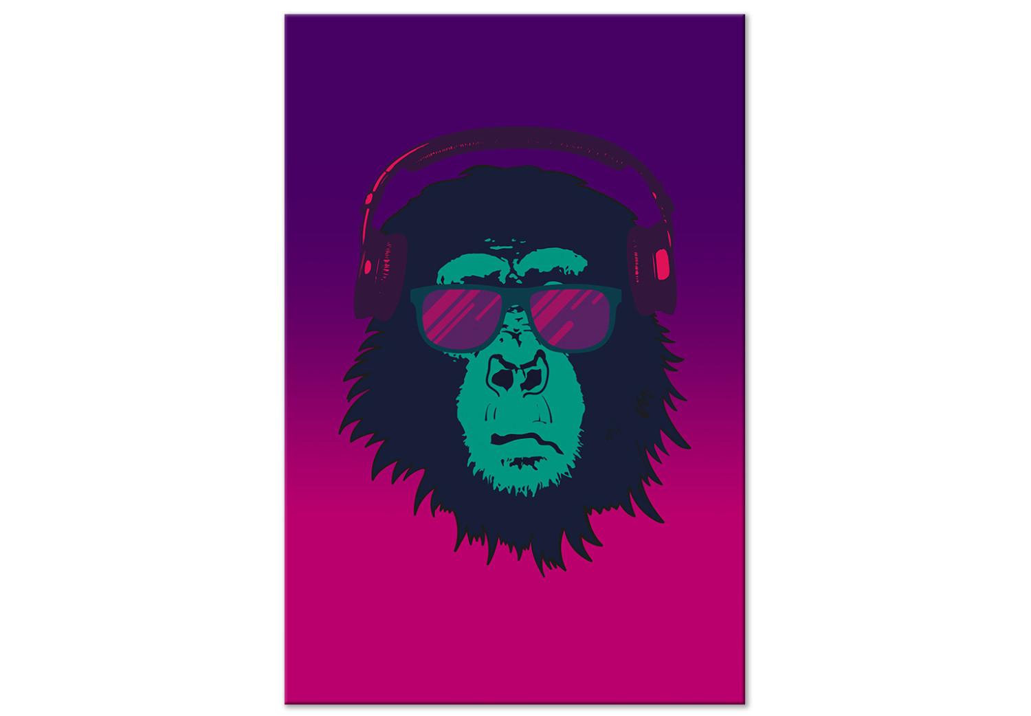 Canvas Monkey with glasses and headphones - a funny abstraction in pink tones
