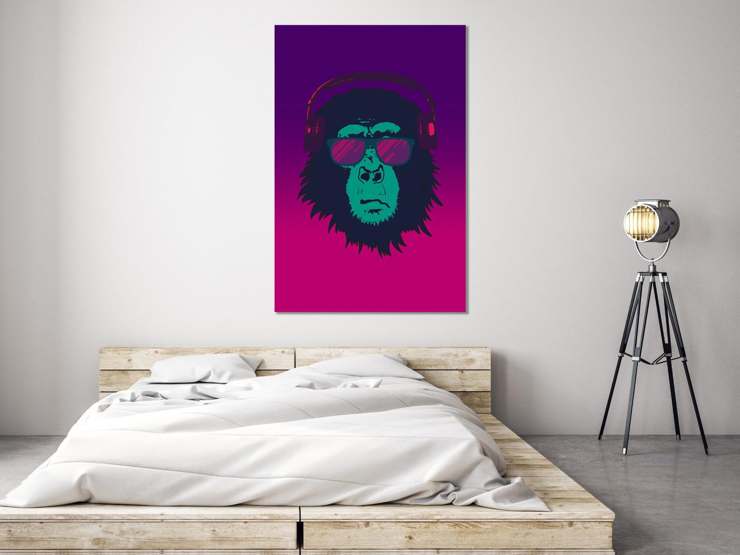 Canvas Monkey with glasses and headphones - a funny abstraction in pink tones