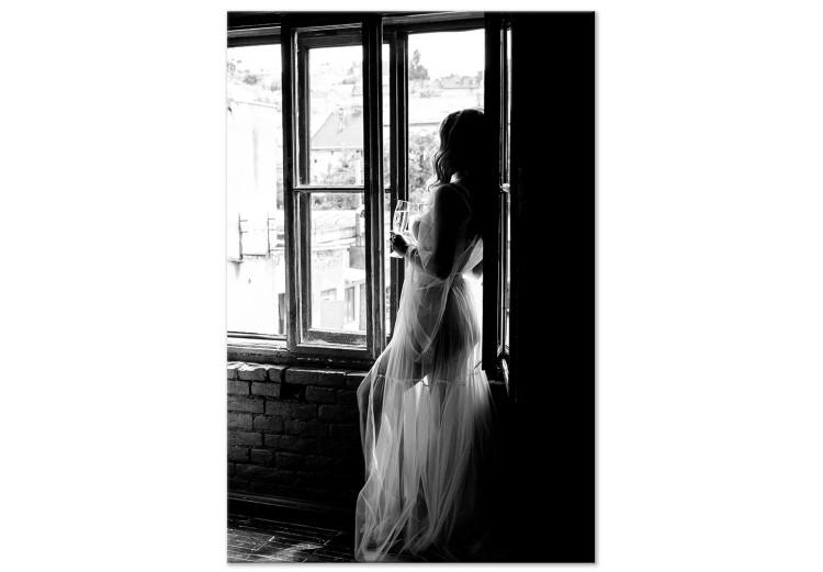 Canvas Print Woman with champagne - black and white photo with woman silhouette