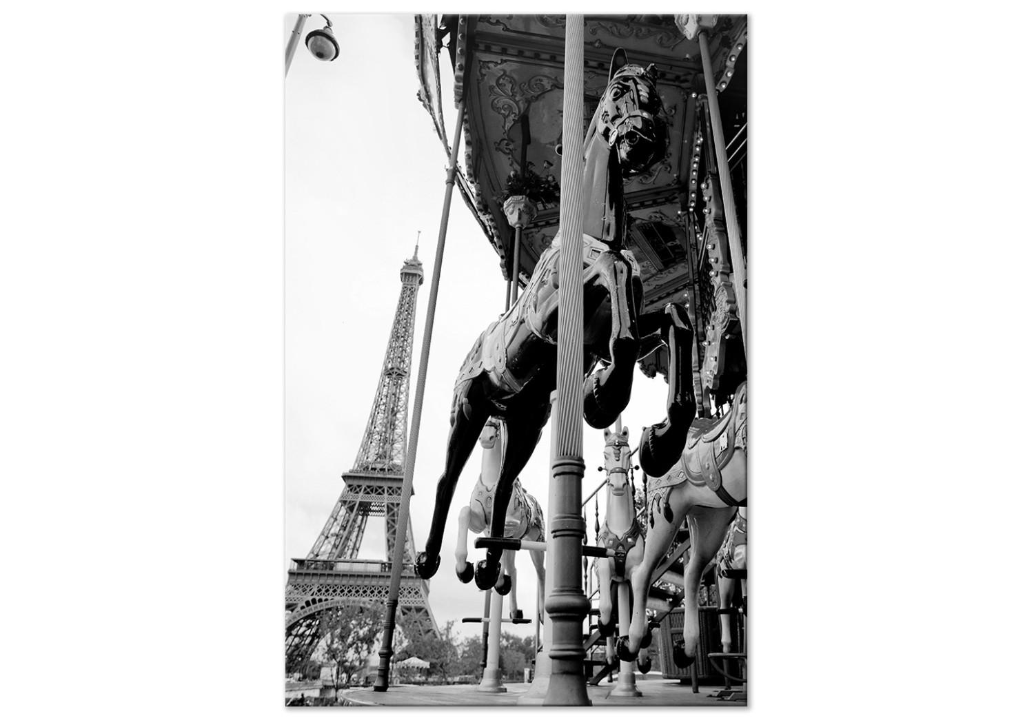Canvas Paris carousel - black and white photo with view of the Eiffel Tower
