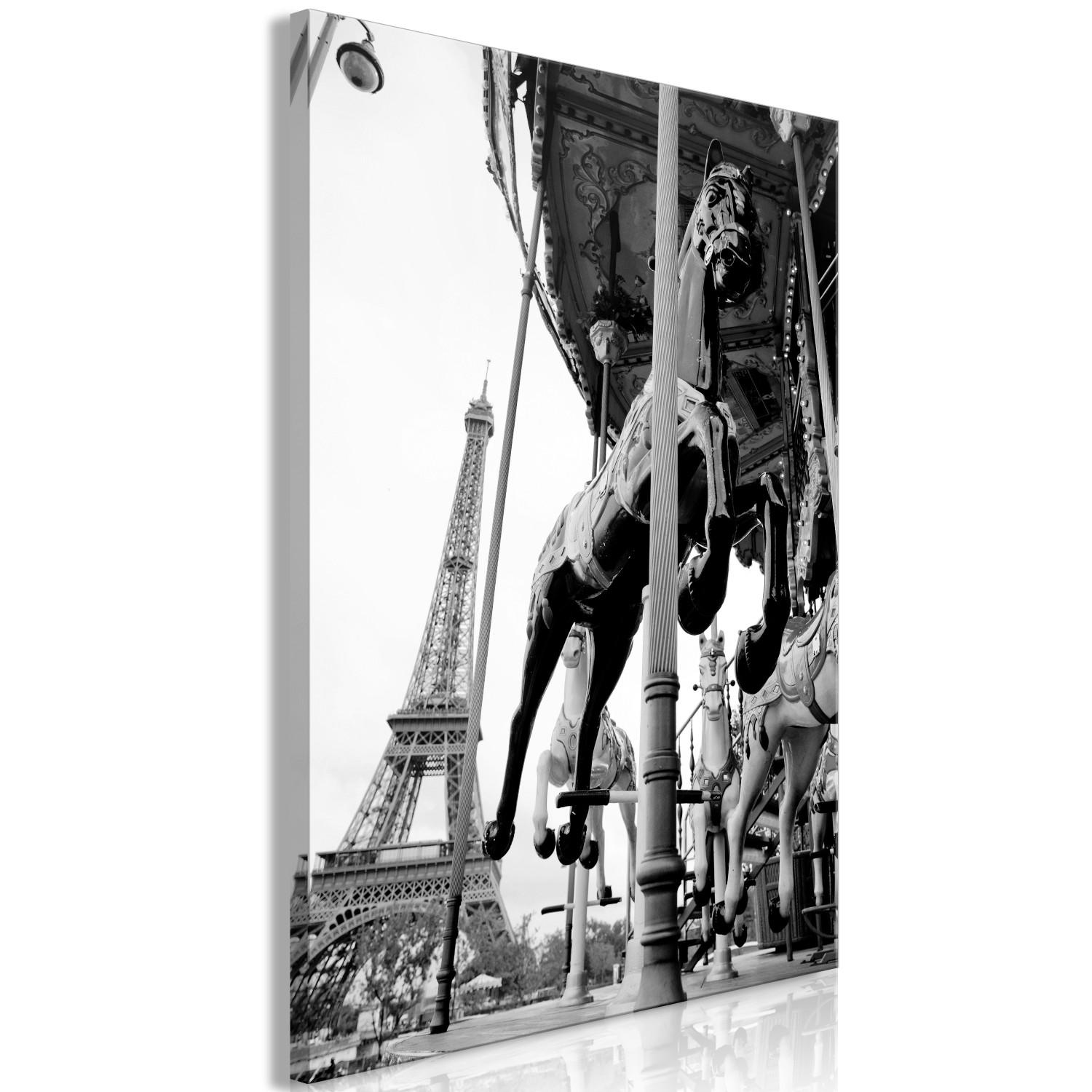 Canvas Paris carousel - black and white photo with view of the Eiffel Tower