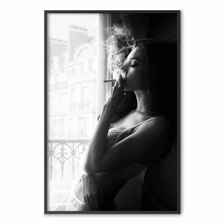 Blissful Moment - black and white photograph of a woman smoking a cigarette
