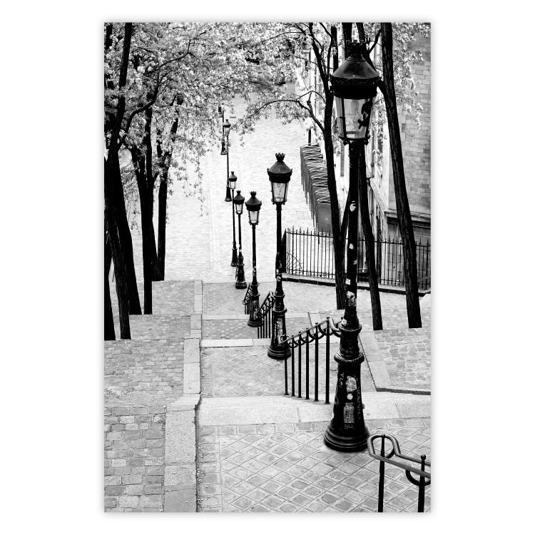 Montmartre - black and white street landscape in the city with many lamps