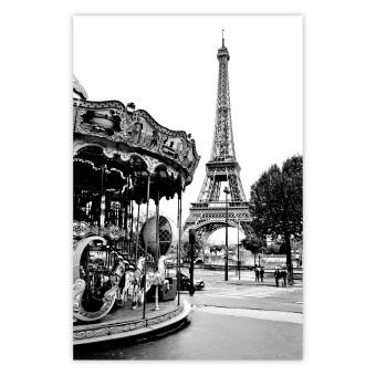 Poster Parisian Carousel - black and white carousel landscape with the Eiffel Tower in the background