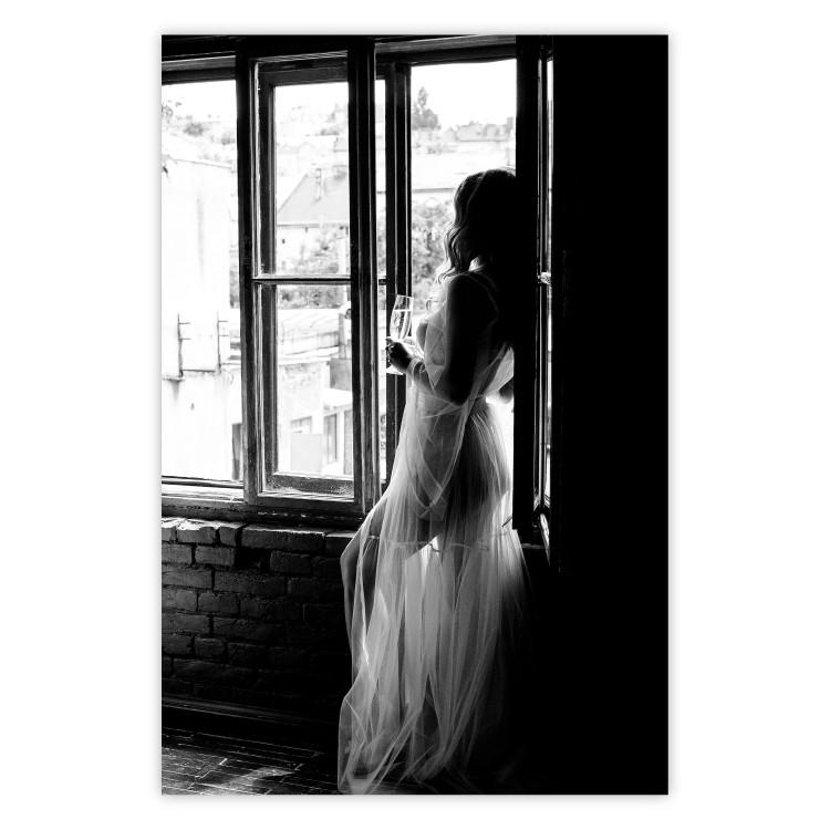 Traveling Memory - black and white landscape of a woman against a window backdrop