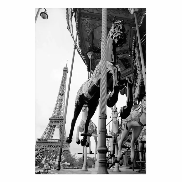 Poster Spinning Paris - gray carousel landscape with a horse against the backdrop of the Eiffel Tower