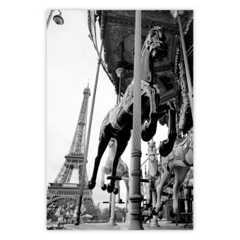 Poster Spinning Paris - gray carousel landscape with a horse against the backdrop of the Eiffel Tower