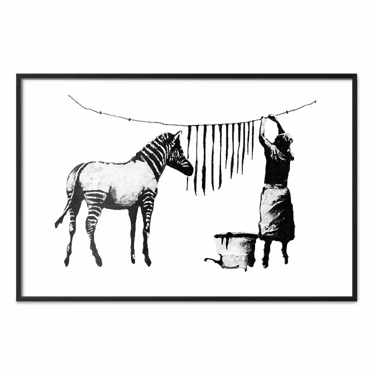 Banksy: Zebra Crossing - black and white zebra and woman hanging stripes