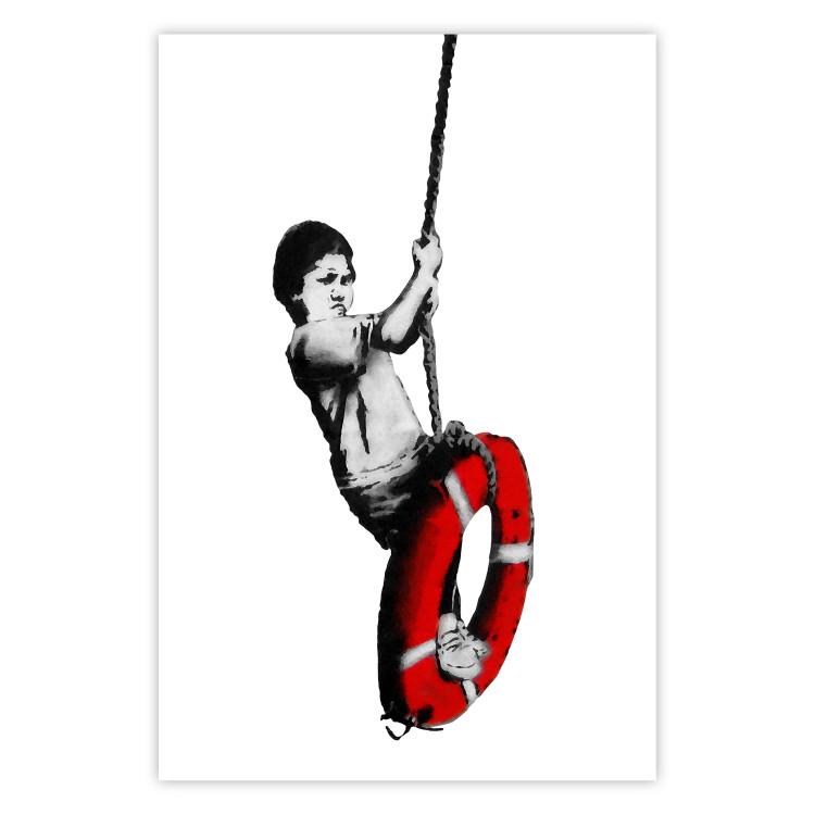 Banksy: Boy on a Swing - black and white boy on a swing with a wheel