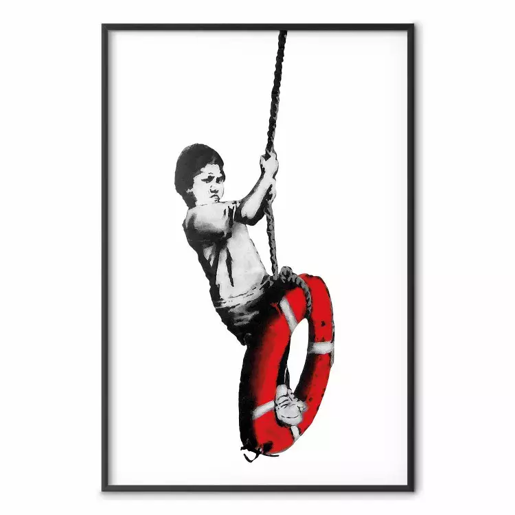 Banksy: Boy on a Swing - black and white boy on a swing with a wheel