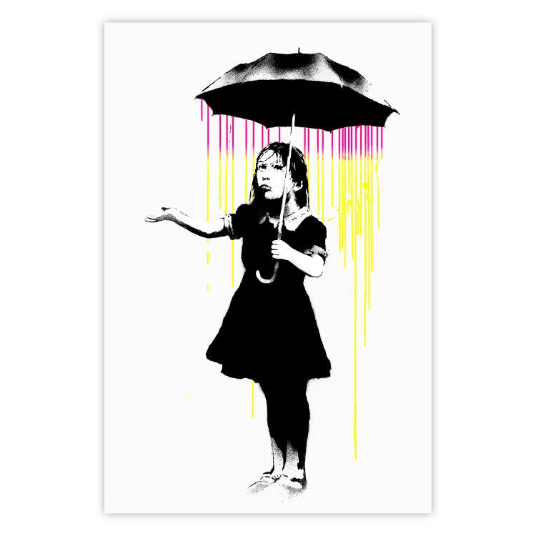 Girl with Umbrella - black and white girl in a colorful rain