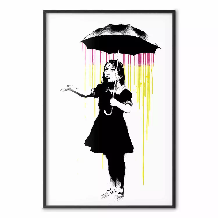 Girl with Umbrella - black and white girl in a colorful rain