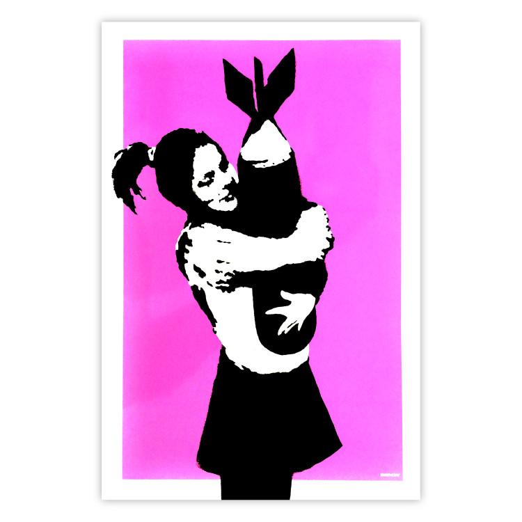 Bomb Hugger - girl with a bomb on a pink background in Banksy style