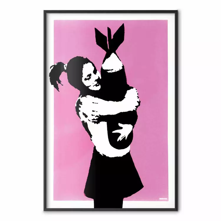 Bomb Hugger - girl with a bomb on a pink background in Banksy style