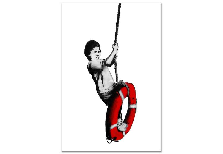 Canvas Print Boy with a lifebuoy - black and white graphic in street art style