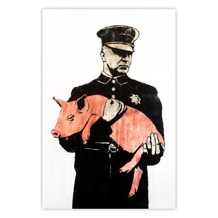 Police Pig - policeman holding a sleeping pink piglet